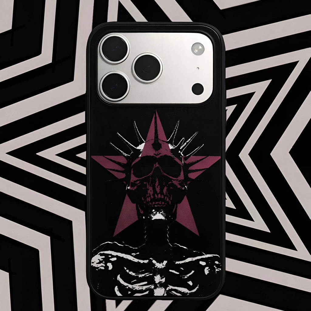 Phone case with a black and red design on a geometric patterned background