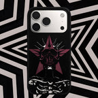 Phone case with a black and red design on a geometric patterned background