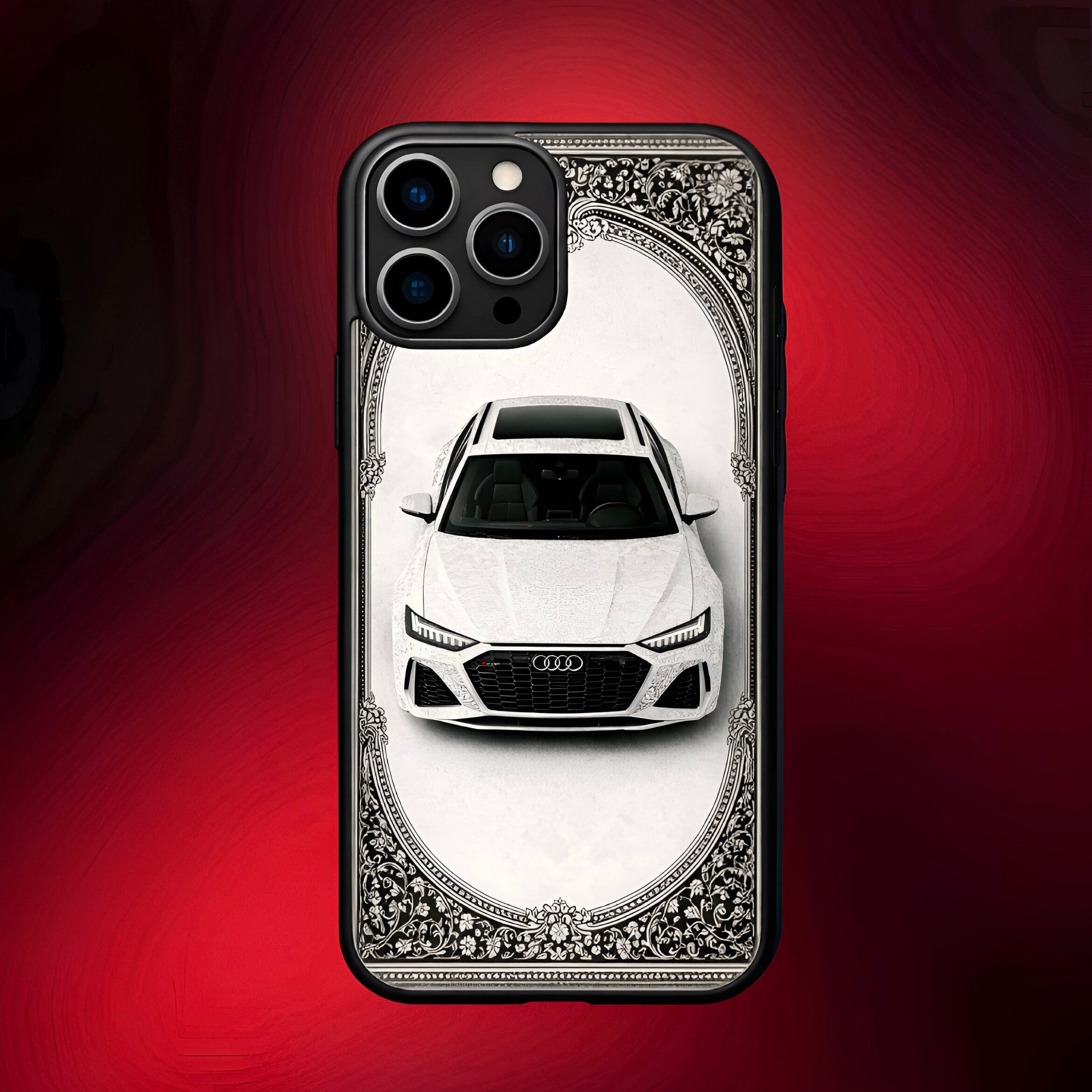 Phone case with a white Audi car design on a red background