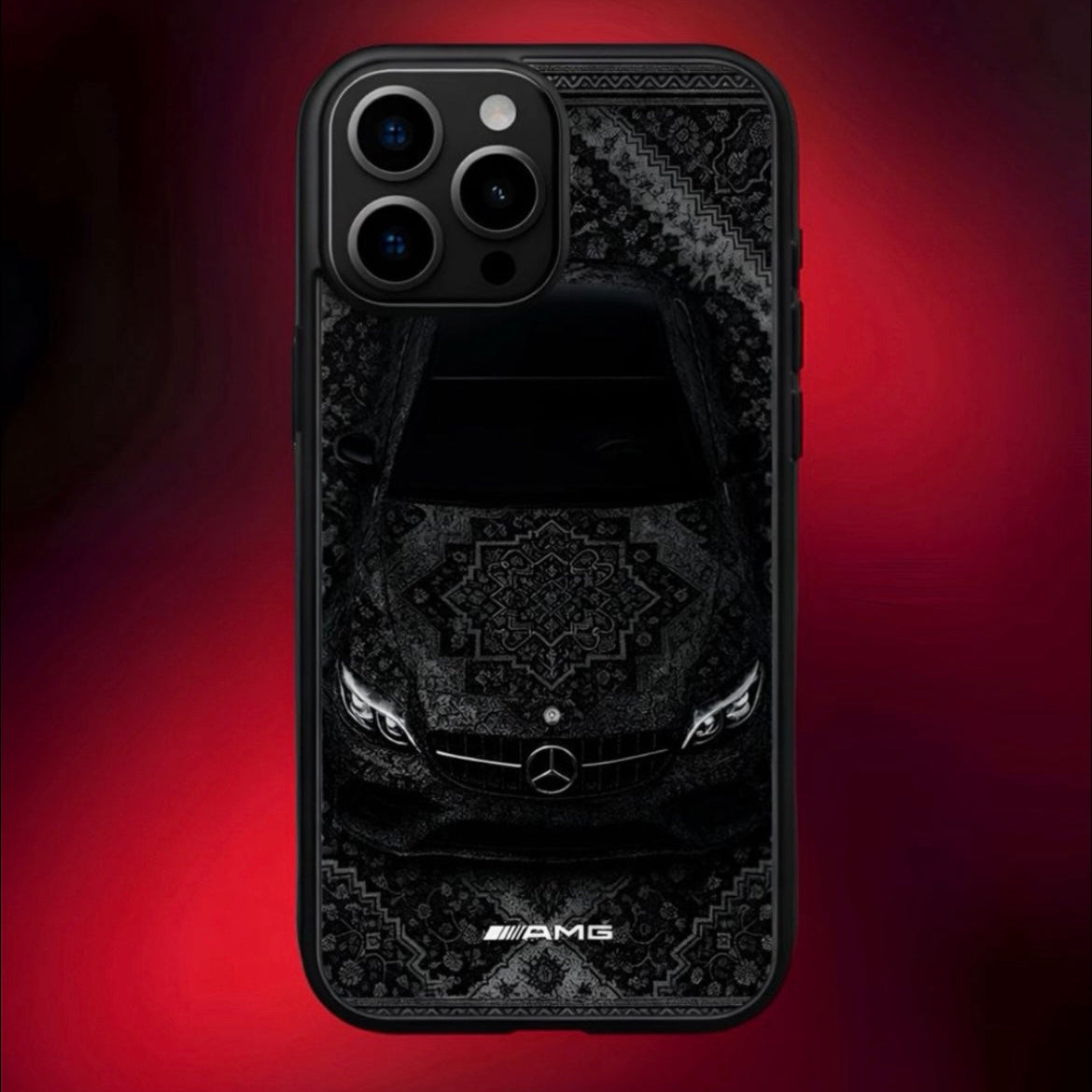 Phone case with Mercedes-Benz AMG logo on a dark red background