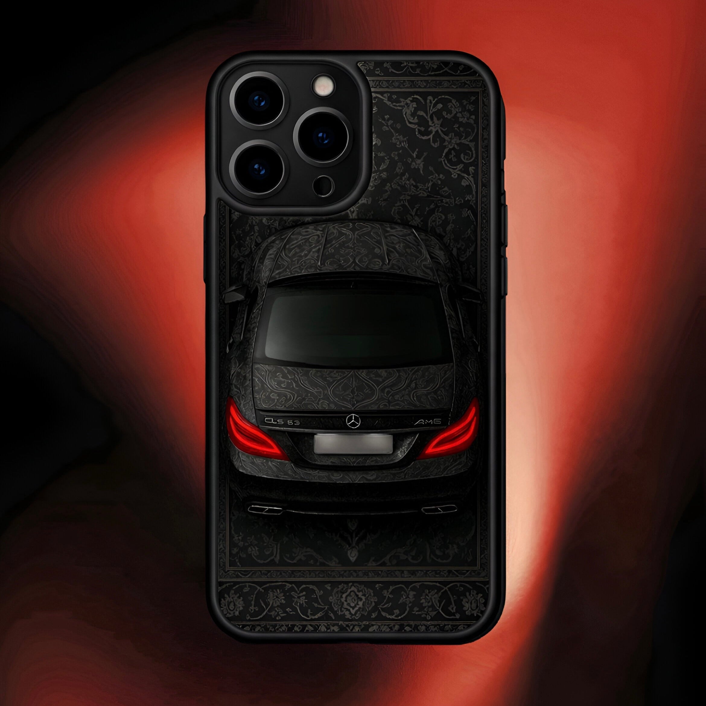 Phone case with a car design on a dark background